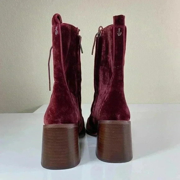Sam Edelman Westie Brick Velvet 7.5 Chunky Heel Squared Toe Lace Up Boots - Picture 5 of 10